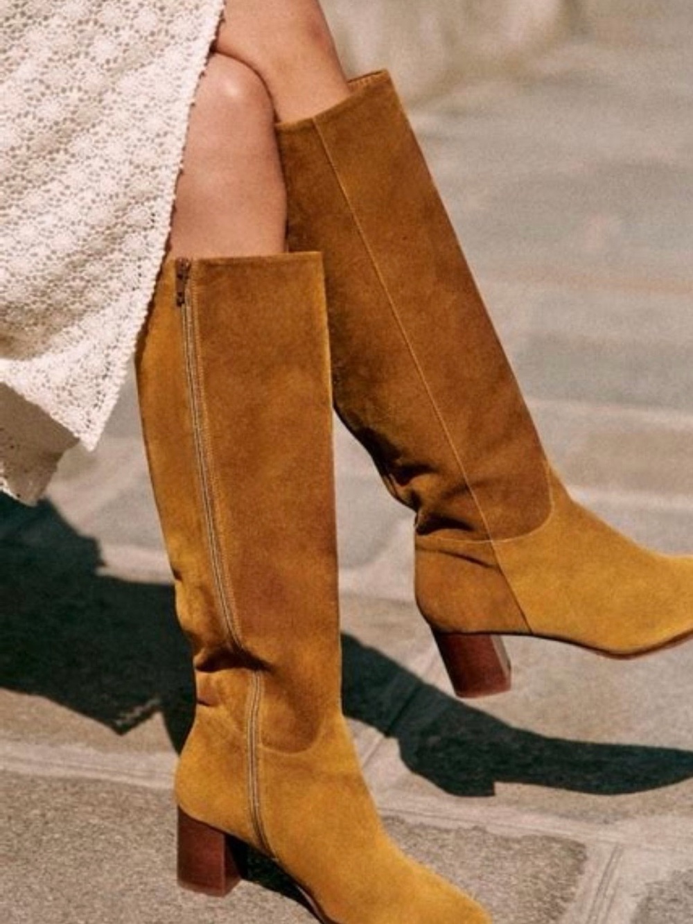 Sezane Boots Adele Sz US 7 FR 38 Suede Knee-High Block Heel Tabac - Picture 10 of 10